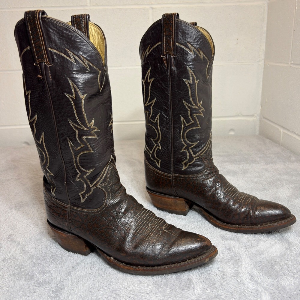 Tony Lama Cowboy Boots Mens 7.5D Dark Brown Bullhide Leather Western Stitch 80s